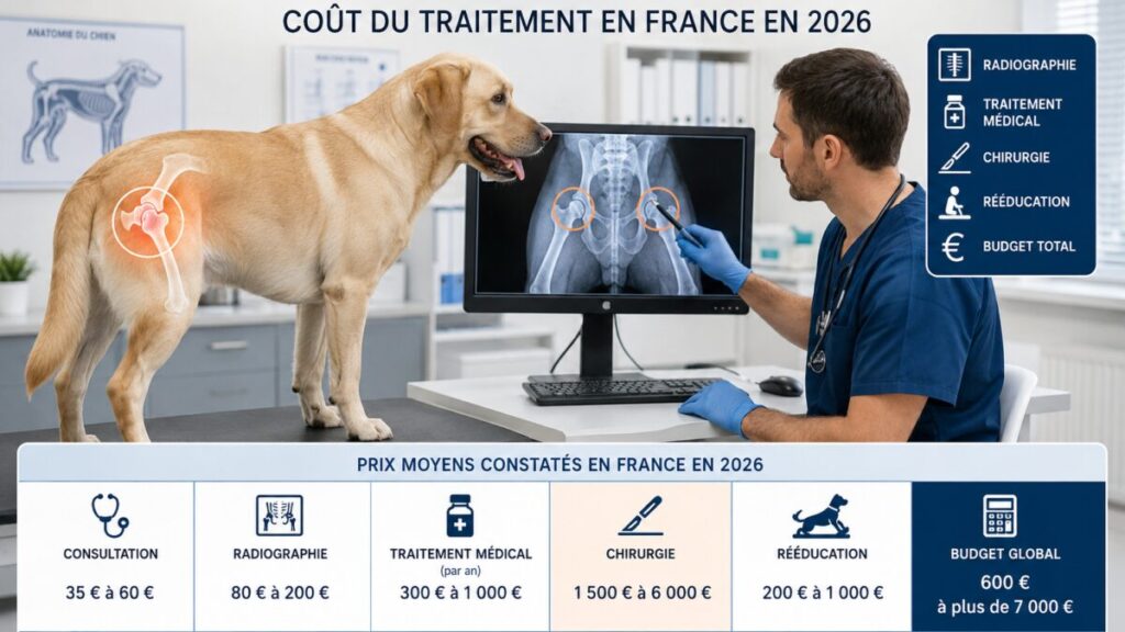 Prix de la dysplasie de la hanche chez le chien : combien coûte le traitement en 2026 ?