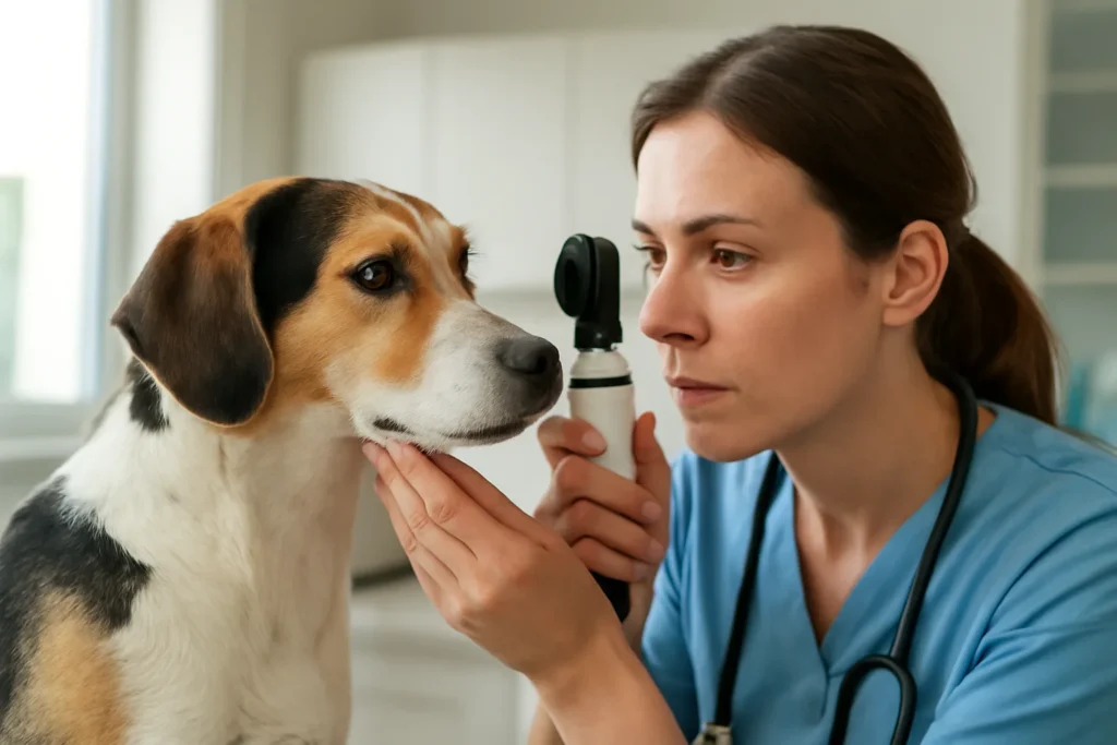 Consultation d’ophtalmologie pour chien — examen ophtalmologique de l’œil d’un chien