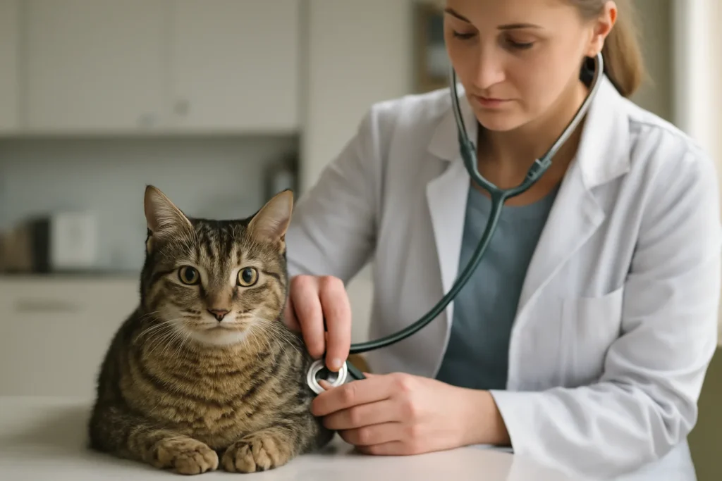 Traitement d’un souffle au cœur chez le chat — auscultation cardiaque d’un chat au stéthoscope
