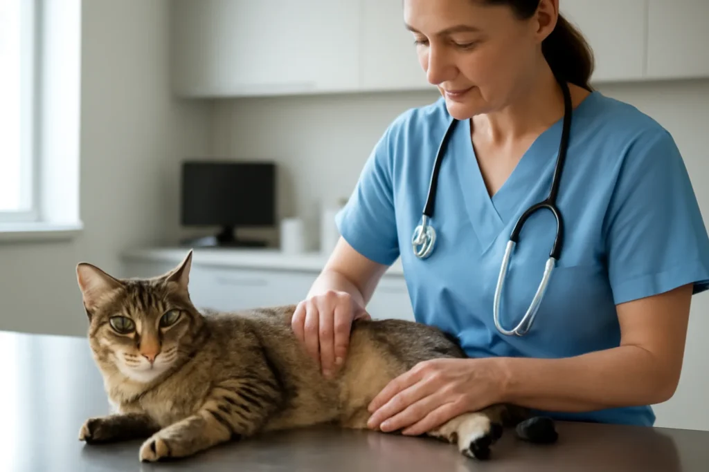 Prix du traitement d’un pyomètre chez la chatte en 2026 — examen abdominal vétérinaire