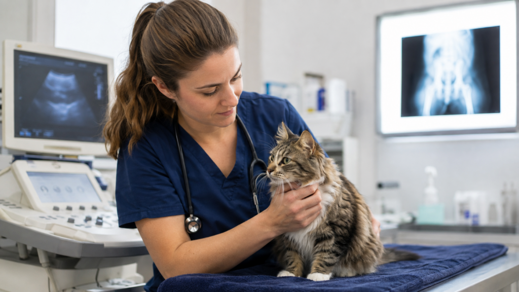 Vétérinaire avec un chat en consultation clinique pour des calculs urinaires
