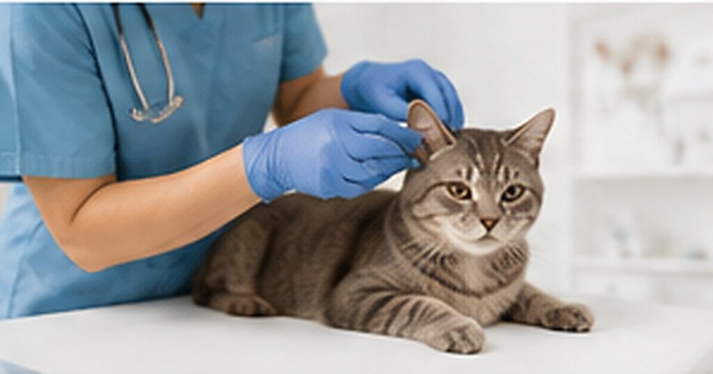 Vétérinaire examinant la peau et les oreilles d’un chat en consultation dermatologique