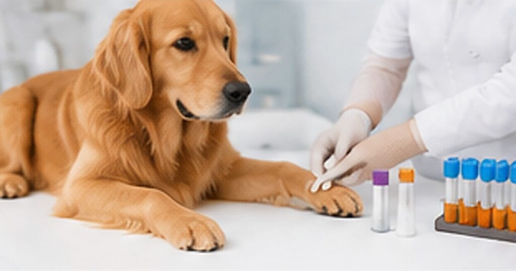 Vétérinaire réalisant un prélèvement sur un chien avant des tests d’allergie