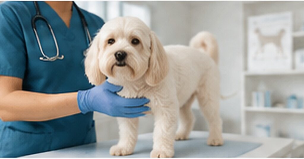 Chien examiné en clinique vétérinaire dans le cadre d’un suivi de la maladie de Cushing