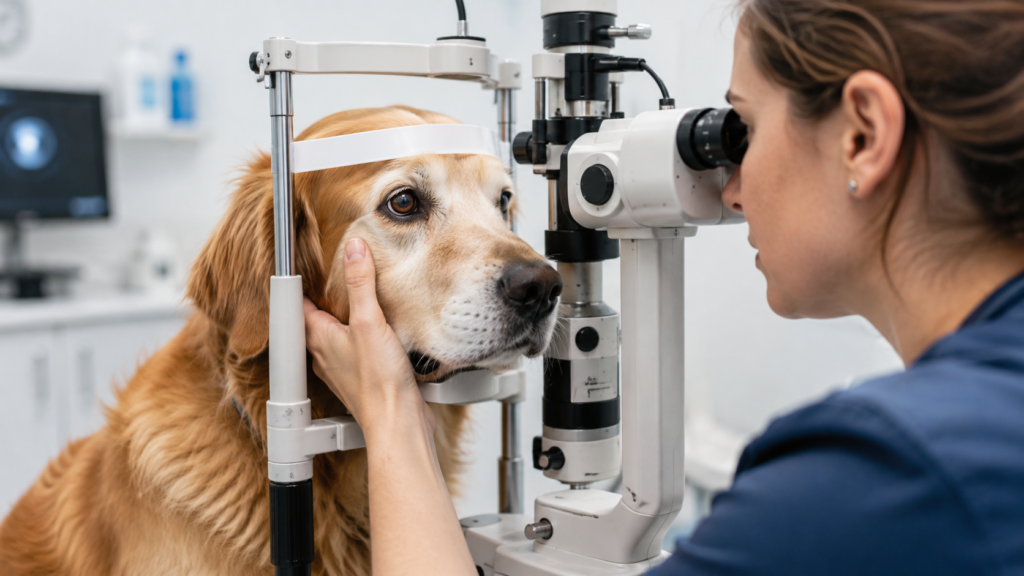 Examen ophtalmologique vétérinaire d’un chien pour un glaucome