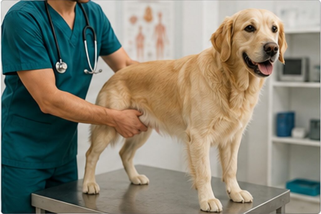 Chien examiné par un vétérinaire pour une hernie inguinale