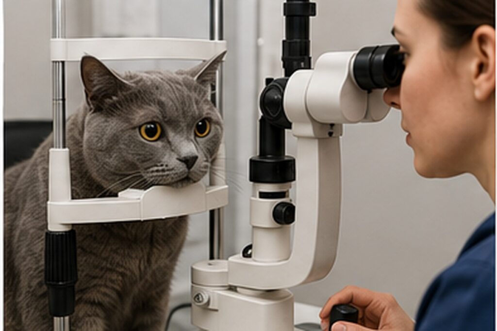 Chat pendant une consultation d’ophtalmologie vétérinaire