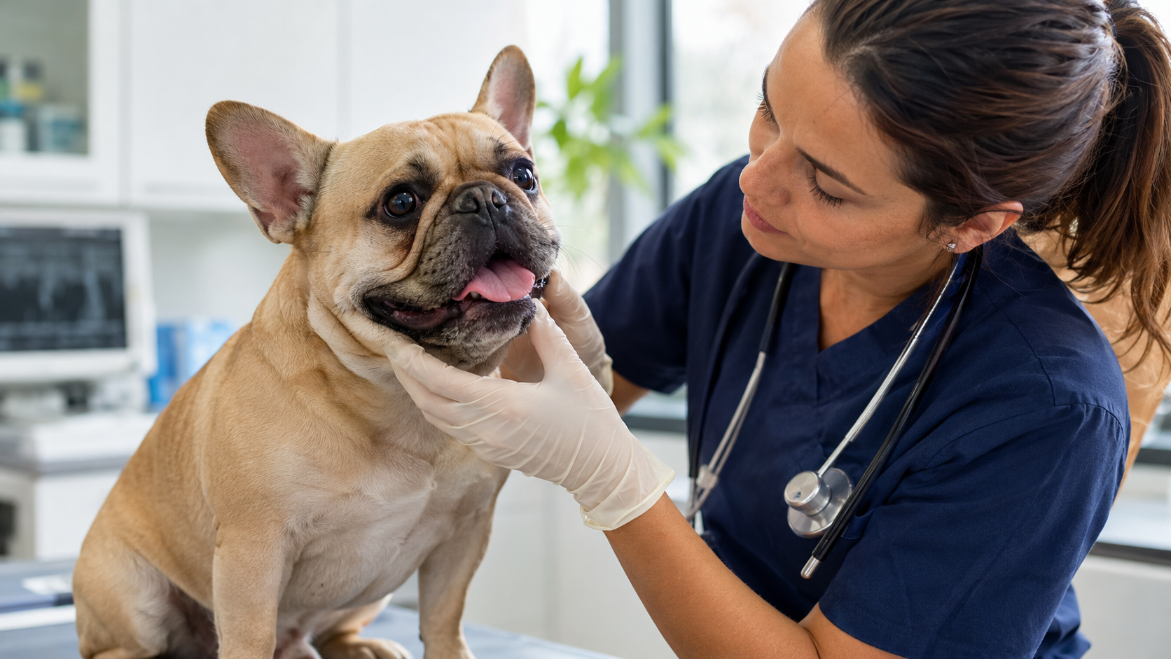 Vétérinaire examinant un bouledogue avant une opération du voile du palais
