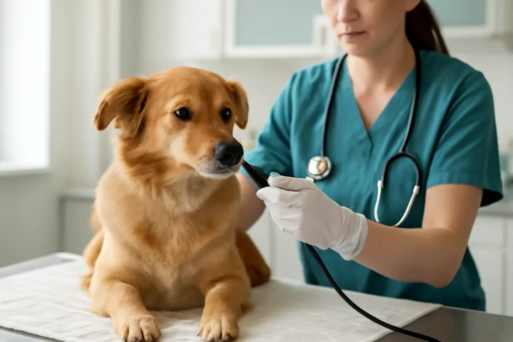 Consultation de gastro-entérologie pour chien — préparation d’un chien pour une endoscopie vétérinaire