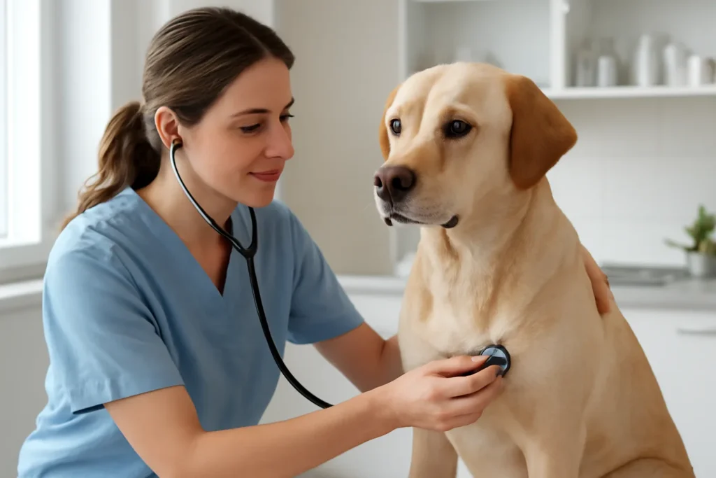 Traitement d’une cardiomyopathie chez le chien — auscultation cardiaque d’un chien