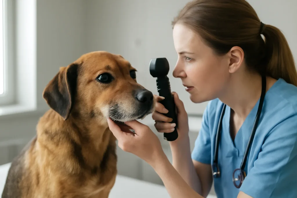 Traitement d’un ulcère cornéen chez le chien — examen ophtalmologique de l’œil d’un chien