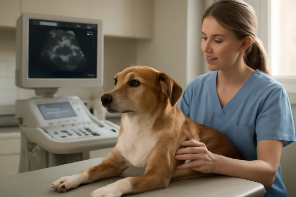 Traitement d’une métrite chez la chienne — échographie d’une chienne en clinique vétérinaire