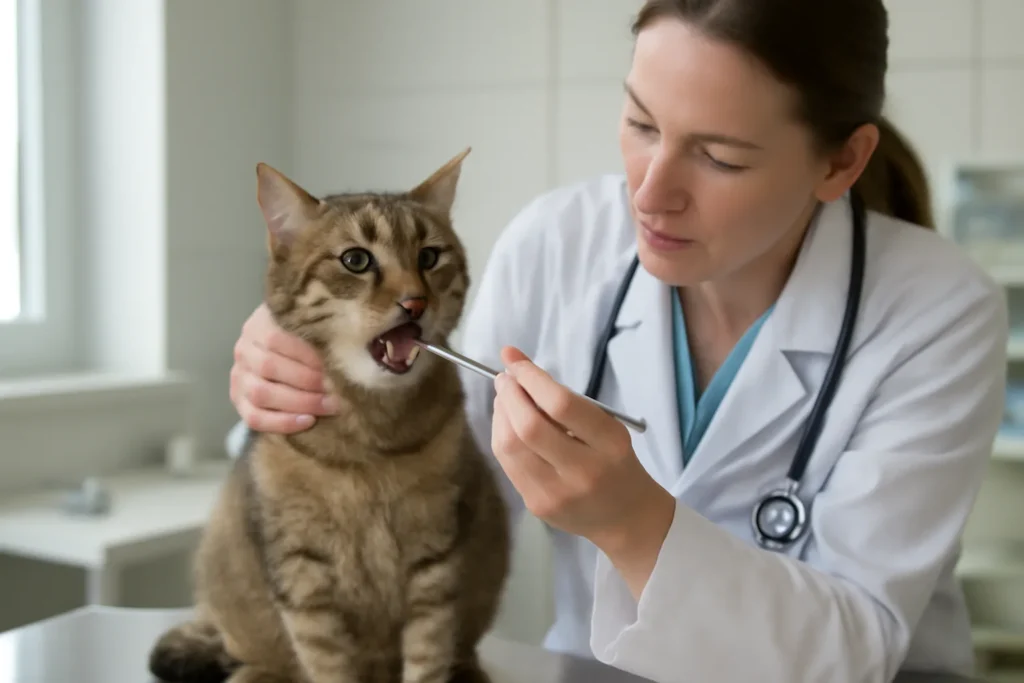 Traitement d’une gingivite chez le chat — examen dentaire d’un chat en clinique vétérinaire