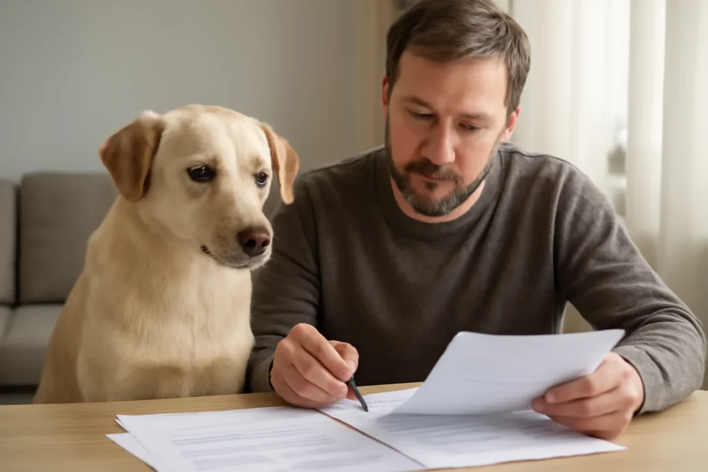 Franchise fixe ou proportionnelle — un chien près de son propriétaire qui compare des documents pour son assurance santé animale
