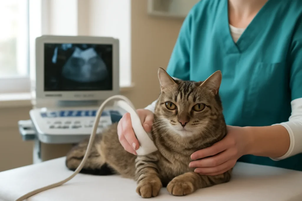 Échographie de gestation chez la chatte — échographie d’une chatte en clinique vétérinaire