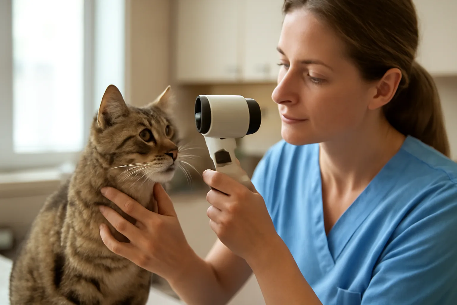 Examen de la cornée d’un chat en consultation d’ophtalmologie vétérinaire