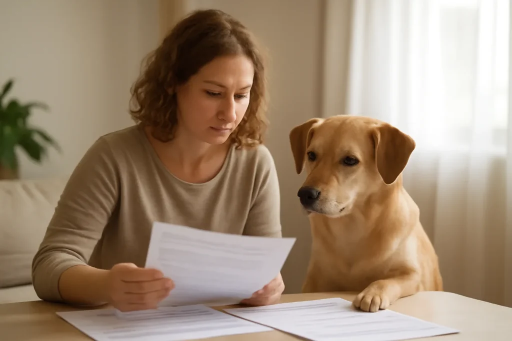 Maladies héréditaires et congénitales — un chien près de son propriétaire qui compare des documents pour son assurance santé animale