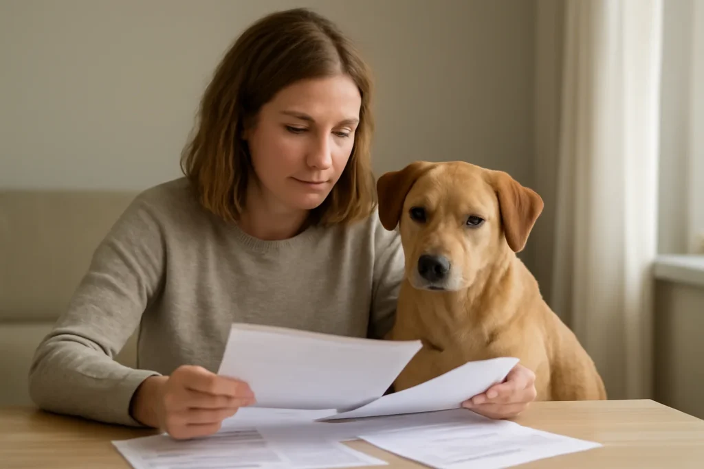 Stérilisation — un chien près de son propriétaire qui compare des documents pour son assurance santé animale