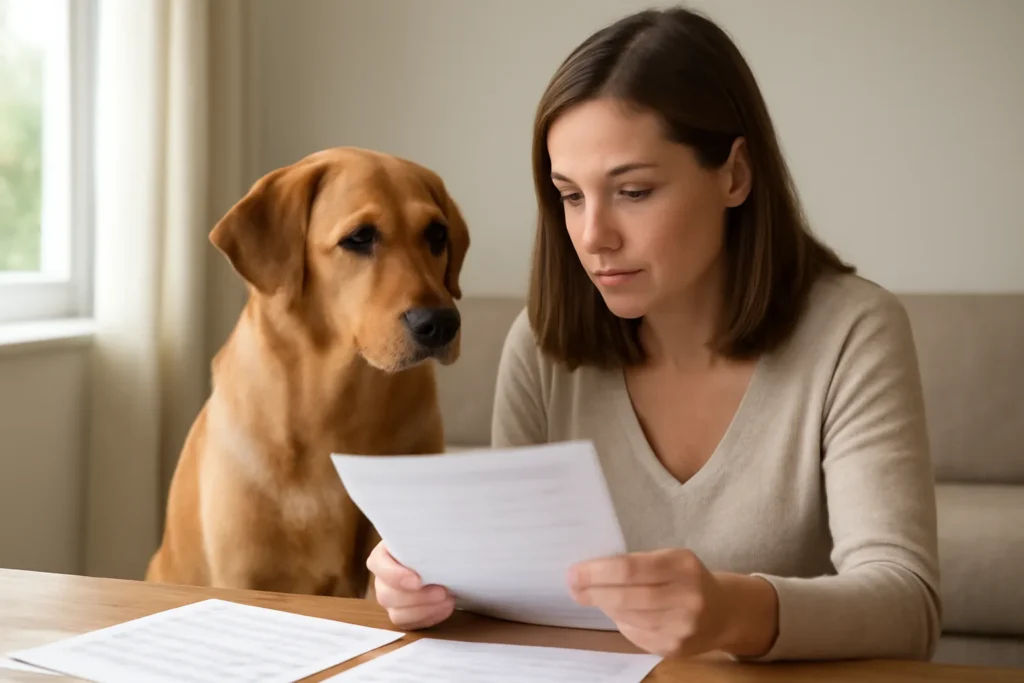 Assurance animaux remboursement vaccins — un chien près de son propriétaire qui compare des documents pour son assurance santé animale