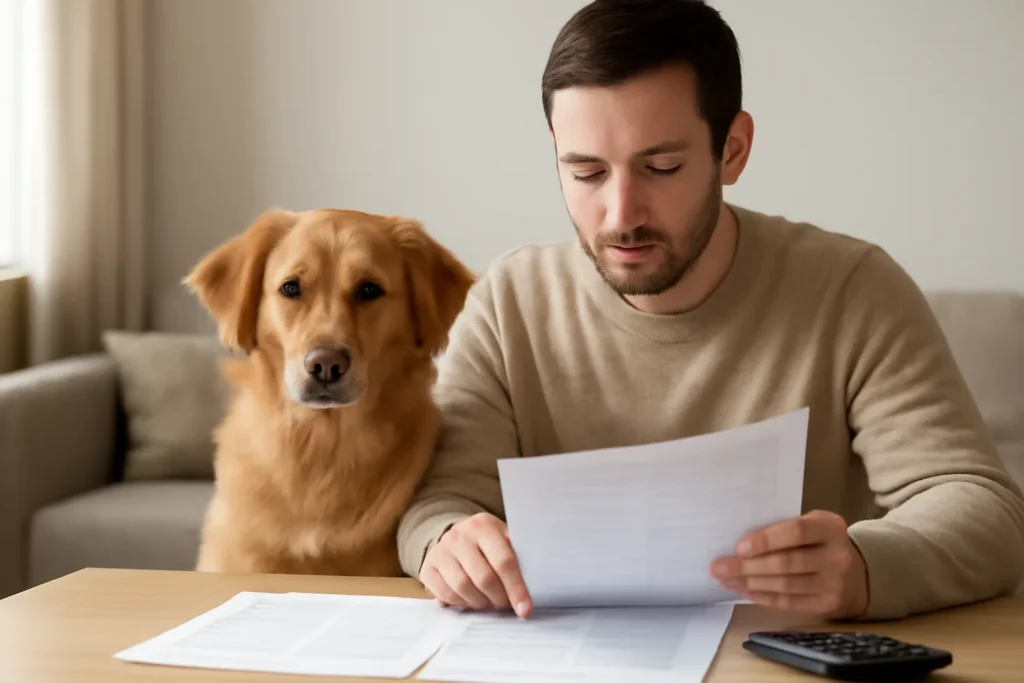 Médicaments au long cours — un chien près de son propriétaire qui compare des documents pour son assurance santé animale