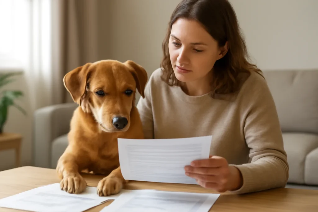 Remboursement des frais vétérinaires — propriétaire vérifiant son contrat avec son chien à domicile