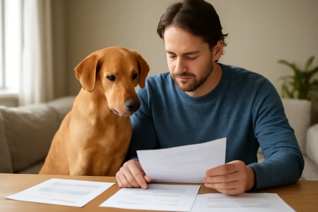 Choix du vétérinaire — propriétaire vérifiant son contrat avec son chien à domicile