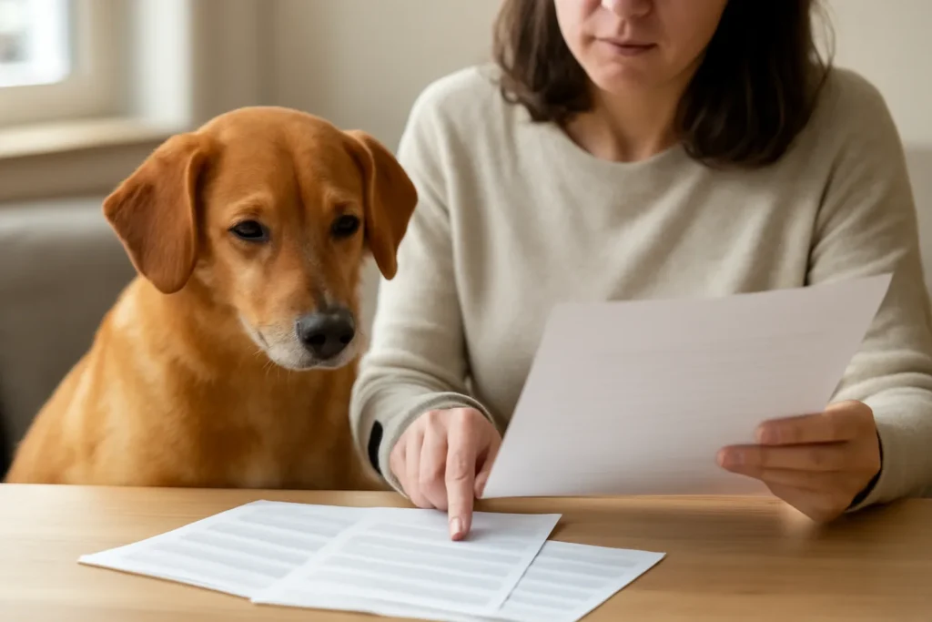Remboursement refusé — propriétaire vérifiant son contrat avec son chien à domicile