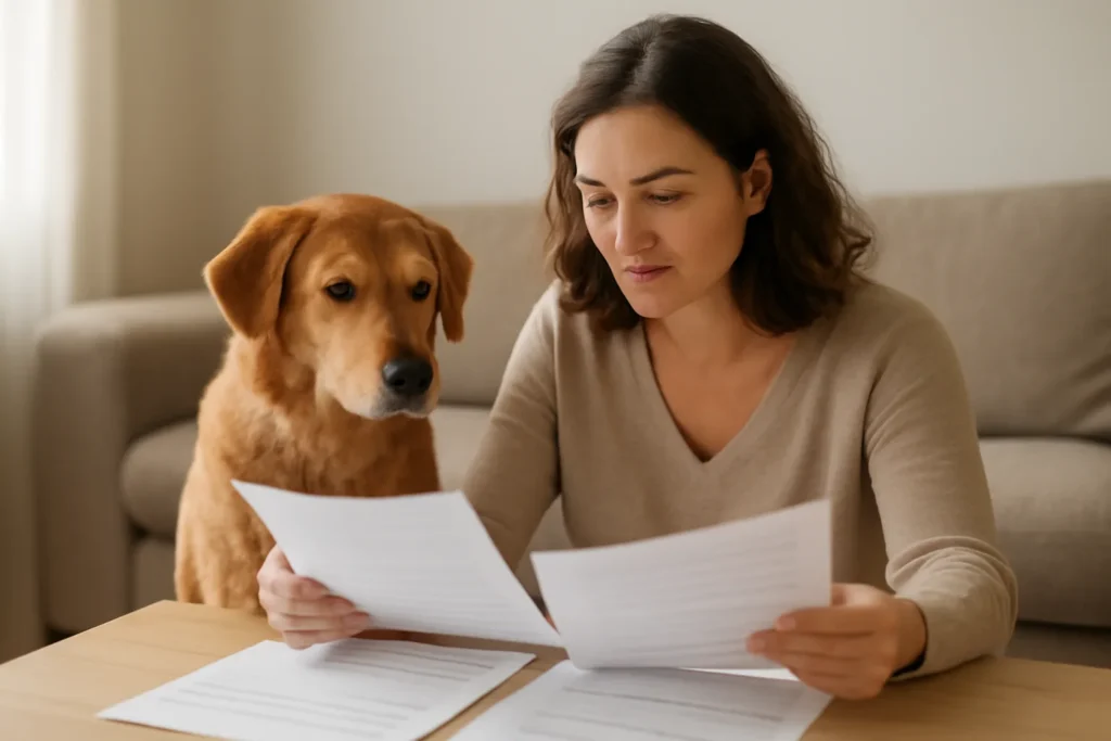 Assurance animaux sans avance de frais — un chien près de son propriétaire qui compare des documents pour son assurance santé animale