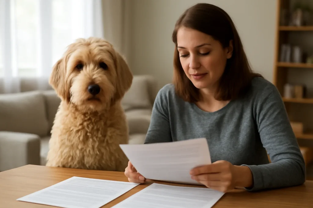 Alimentation thérapeutique — un chien près de son propriétaire qui compare des documents pour son assurance santé animale