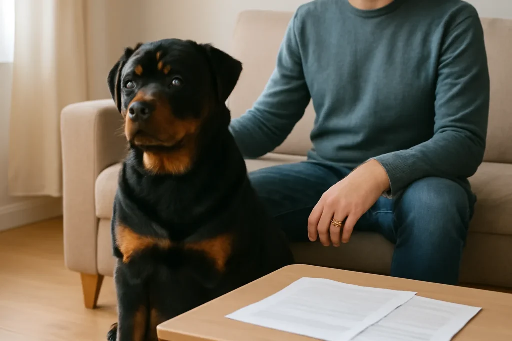 Chien de catégorie — un Rottweiler calme près de son propriétaire qui examine des documents d’assurance à domicile