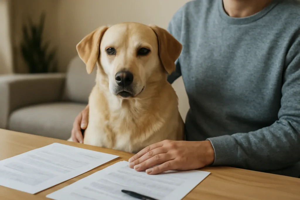 Payer le vétérinaire en plusieurs fois — un chien calme près de son propriétaire qui examine des documents à domicile