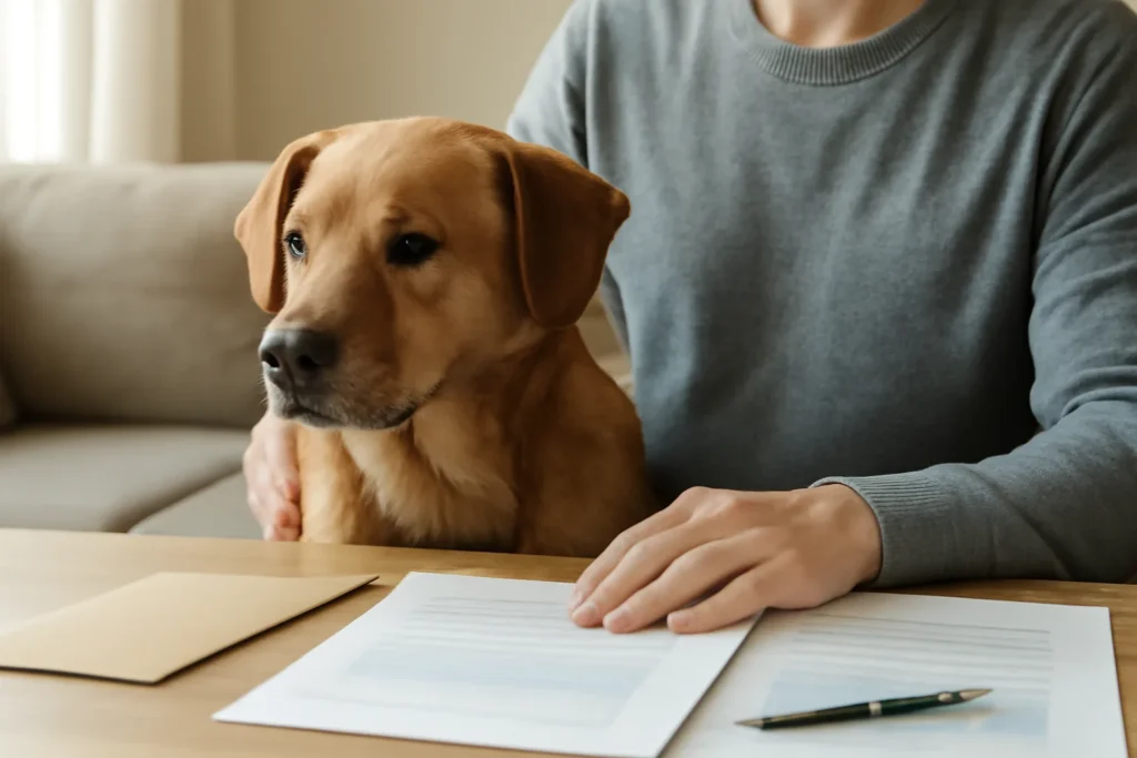Aides pour les frais vétérinaires — un chien calme près de son propriétaire qui examine des documents à domicile