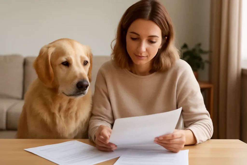 Animal reproducteur — un chien près de son propriétaire qui compare des documents pour son assurance santé animale