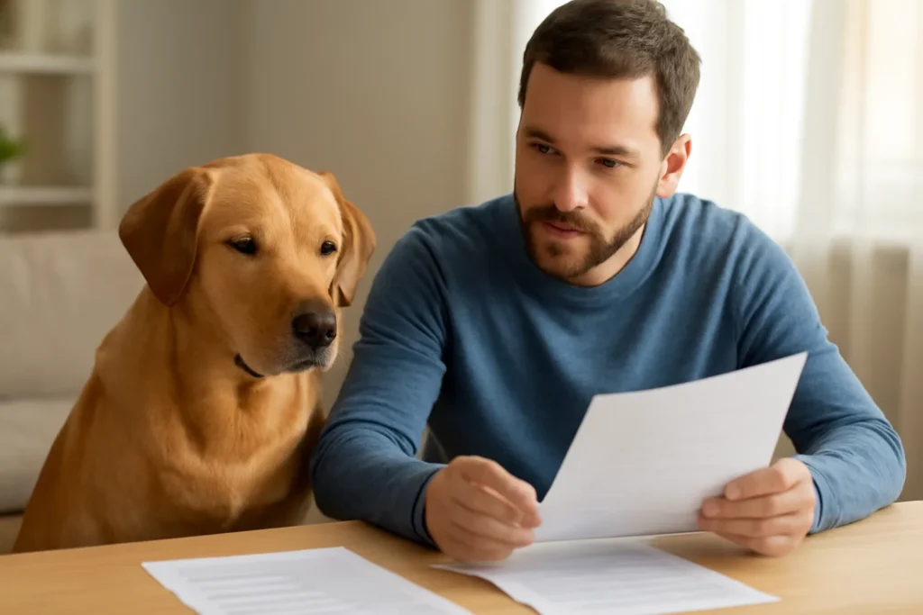 Pourquoi la cotisation d’assurance animale augmente-t-elle ? — un chien près de son propriétaire qui compare des documents pour son assurance santé animale