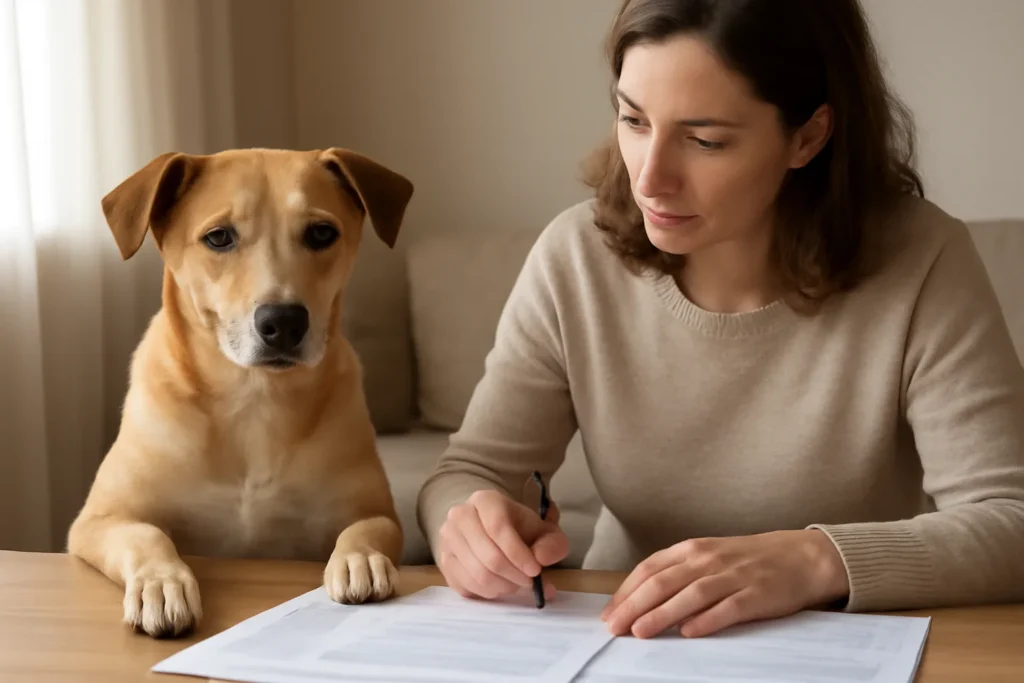 Urgence vétérinaire — un chien près de son propriétaire qui compare des documents pour son assurance santé animale