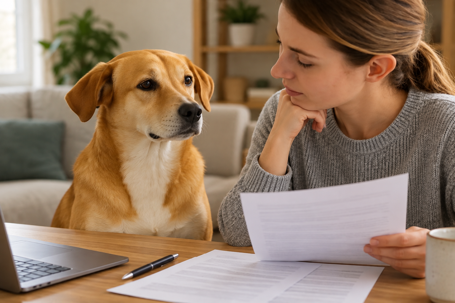 Un chien calme auprès de sa propriétaire examinant des documents d’identification et d’assurance à domicile