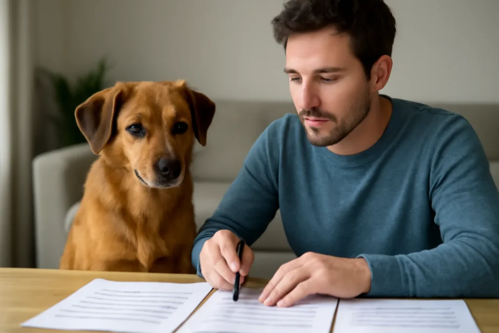 Chien auprès de son propriétaire à domicile avant une consultation vétérinaire