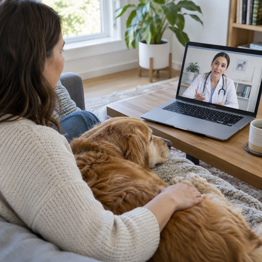 Propriétaire avec son chien lors d'un échange vidéo avec une vétérinaire